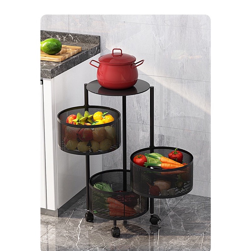 Kệ sắt xoay xoay tròn 3 tầng có bánh xe