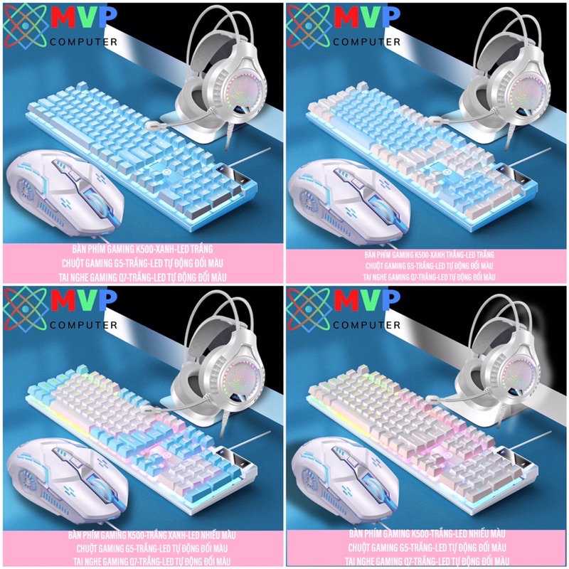 Bàn Phím Chuột Tai Nghe Máy Tính Laptop Gaming YINDIAO K500-G5-Q7 LED RGB Cao Cấp Có Nhiều Màu Hồng Xanh Tím Trắng Đen