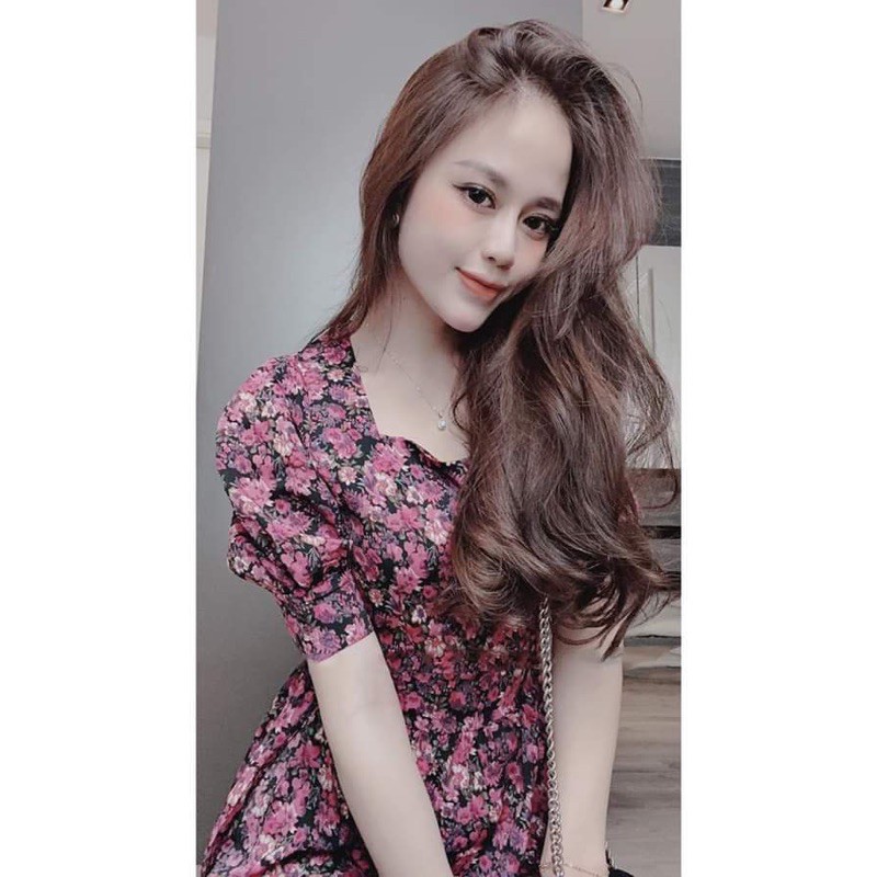 VNU239 - VÁY HOA TÍM HỒNG CỔ VUÔNG | BigBuy360 - bigbuy360.vn