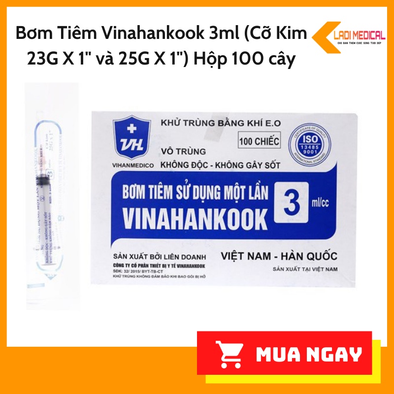 Bơm Tiêm Vinahankook 3ml (Cỡ Kim 23G X 1&quot; và 25G X 1&quot;) Hộp 100 cây