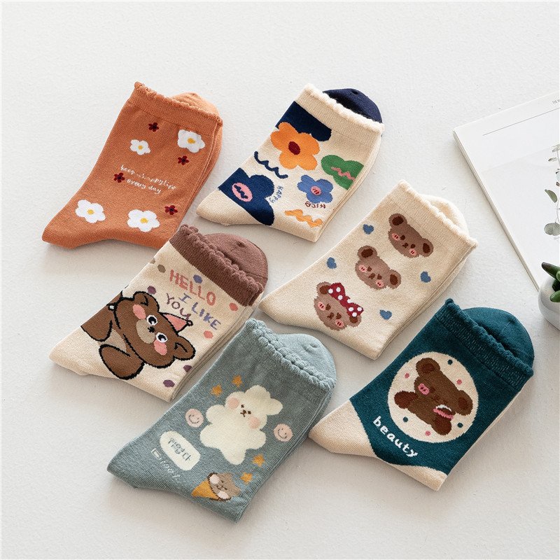 Tất nữ cổ cao nhiều màu họa tiết gấu cute đáng yêu thời trang Hàn Quốc