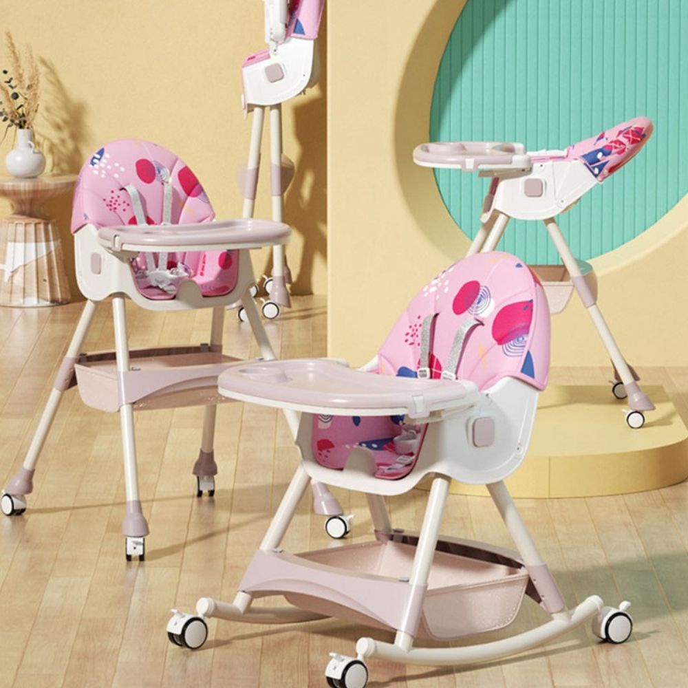 Ghế Ăn Dặm Cho Bé Có Bánh Xe Gấp Gọn Điều Chỉnh Độ Cao,ngả Lưng 3 Mức Độ,kết Hợp Ghế Bập Bênh Cho Trẻ Từ 6 Tháng- 4 Tuổi