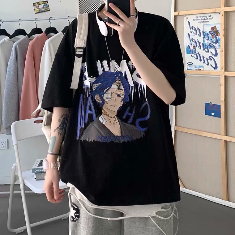 Áo thun tay ngắn cổ tròn dáng rộng in họa tiết hoạt hình phong cách Nhật Bản thời trang cho nam size M-5XL