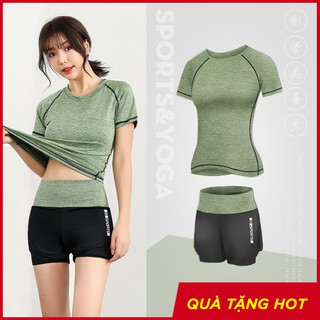 Bộ đồ tập gym nữ Louro SE26, kiểu bộ tập gym nữ ngắn tay, quần shorts nữ 2 lớp, áo tập gym co giãn, thoáng mát