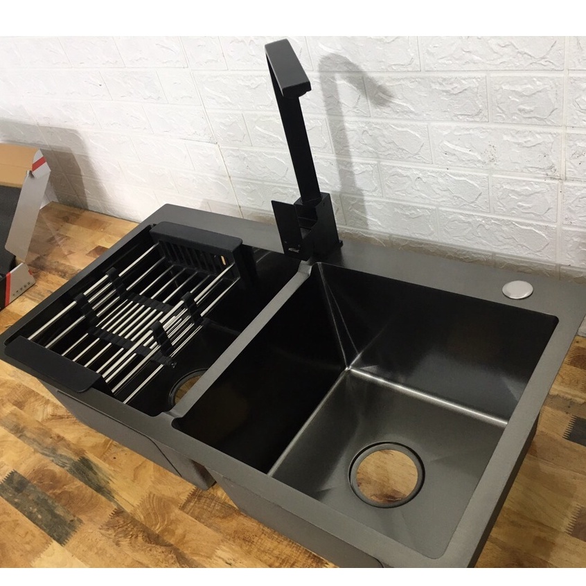 CHẬU RỬA BÁT INOX 304 2 HỐ NANO ĐEN,Bồn rửa chén bát bảo hành 12 tháng