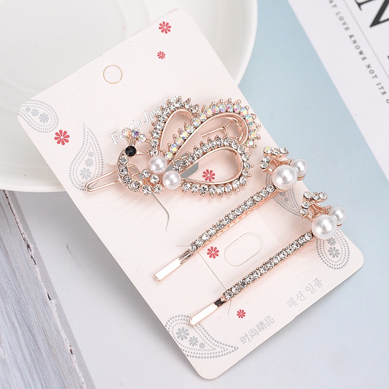 (Set 3 chiếc) Bộ Kẹp Tóc Hàn Quốc với Nơ Kim Cương và Kẹp Tóc ngọc trai đính đá cho bé gái - Phụ kiện trang sức