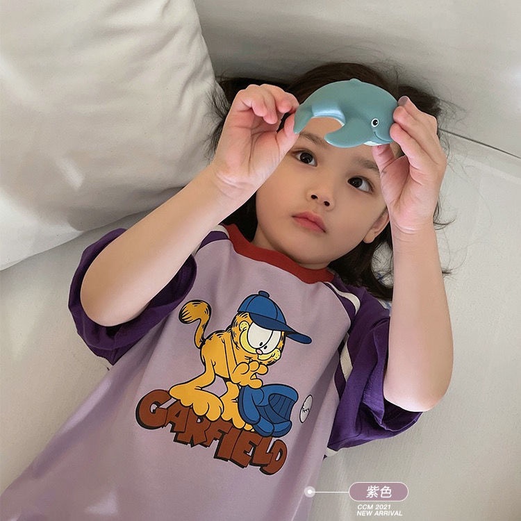 Đầm Thun Cổ Tròn Dáng Rộng In Họa Tiết Hoạt Hình Phối Màu Thời Trang Hàn Quốc Cho Bé Gái