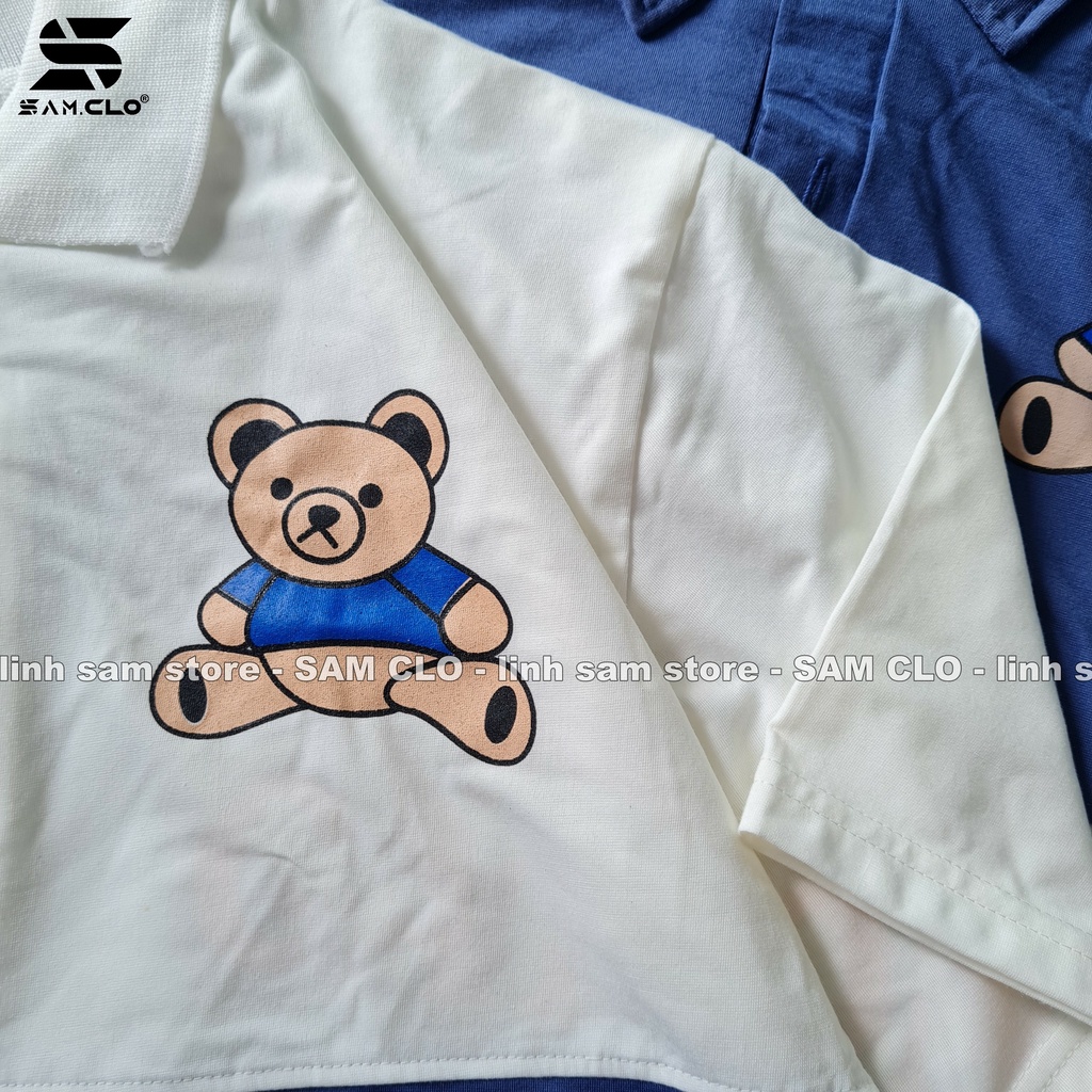 Áo thun Polo tay lỡ SAM CLO có cổ form rộng phông freesize dáng unisex mặc cặp, nhóm, lớp, đi học in hình CON GẤU