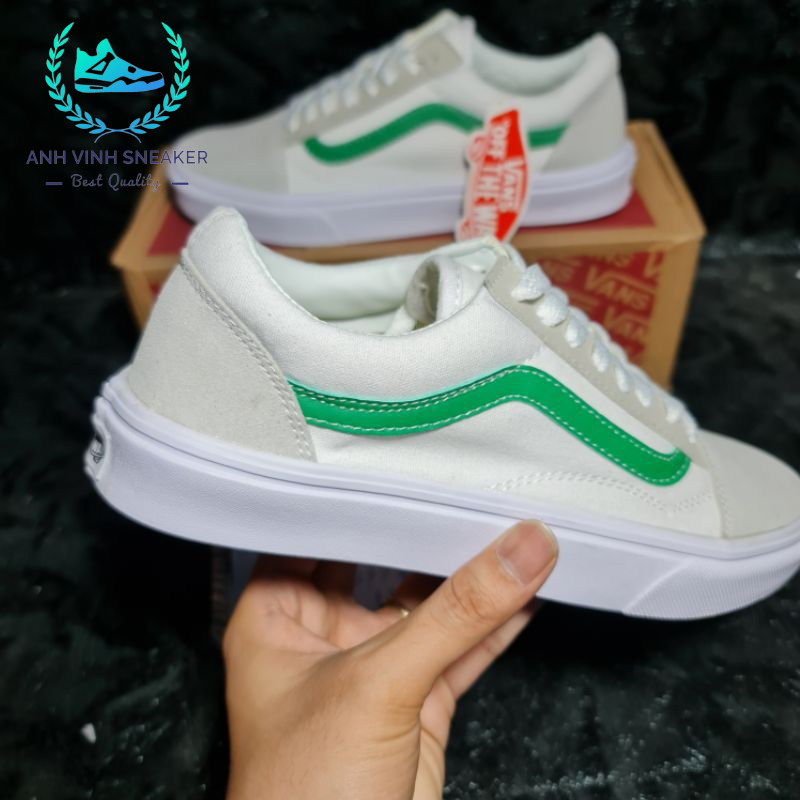 Giày Vans Old Skool White Green Trắng Sọc Xanh Lá Nam Nữ Cổ Thấp