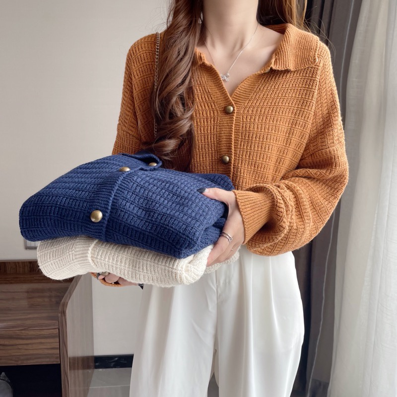 Áo len đan dày dặn dáng croptop polo form vừa trơn phong cách vintage H
