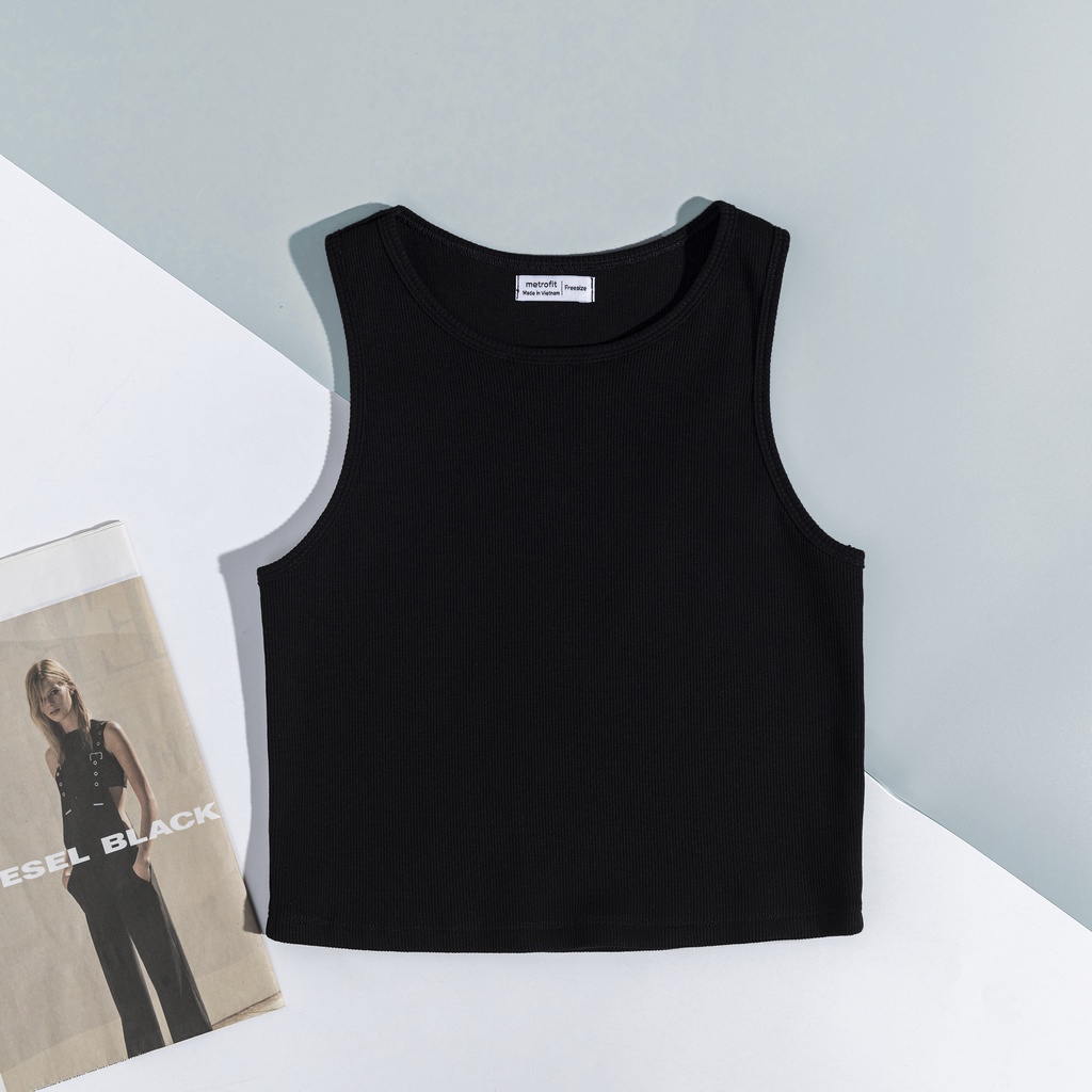 Crop Top Classic METROFIT Dệt Kim Trơn Màu Trắng Chất Liệu Cotton Rib Cao Cấp Co Giãn Cao