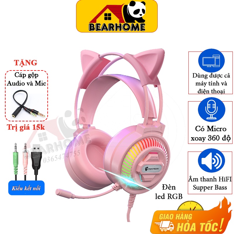Tai nghe chụp tai gaming BEARHOME có micro chơi game, học online, Có tai mèo