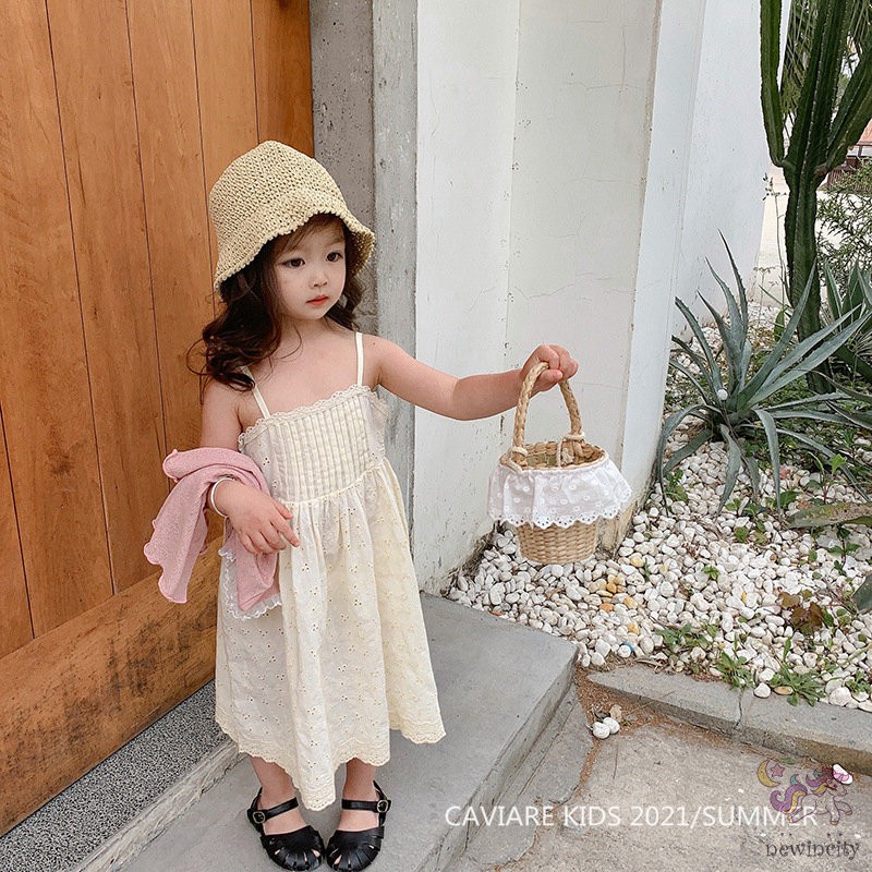 Đầm Công Chúa Hai Dây Thêu Họa Tiết Thời Trang Mùa Hè Hàn Quốc Cho Bé Gái