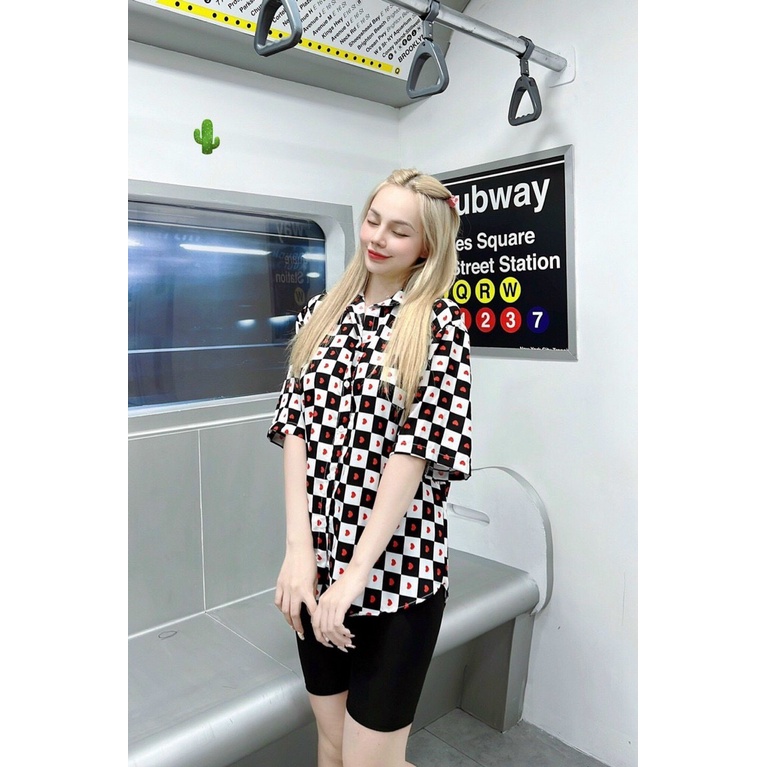 Áo sơ mi nữ tay ngắn ô vuông tim hot hit p