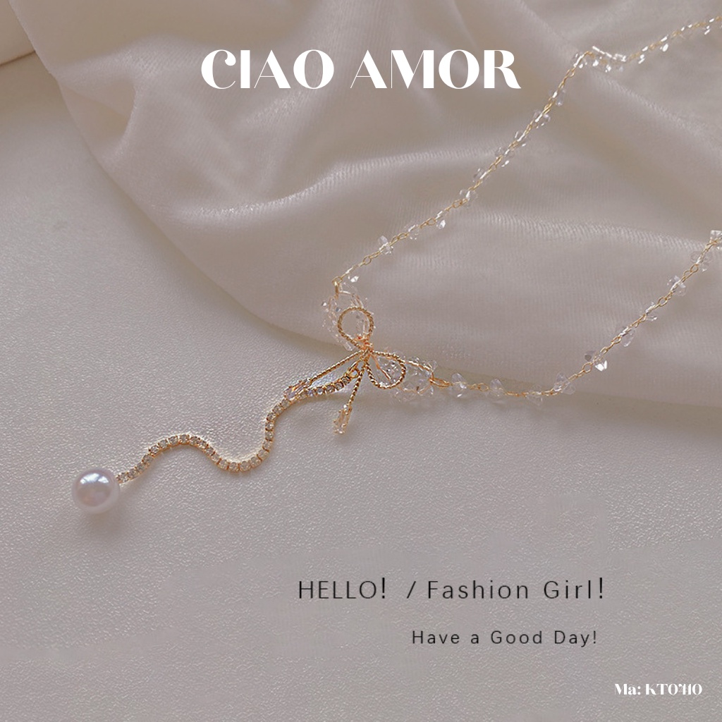 Dây chuyền nữ, Vòng cổ lấp lánh tiểu thư lấp lánh dự tiệc ngọc đính nơ dài Trang sức Ciao Amor - KT0410