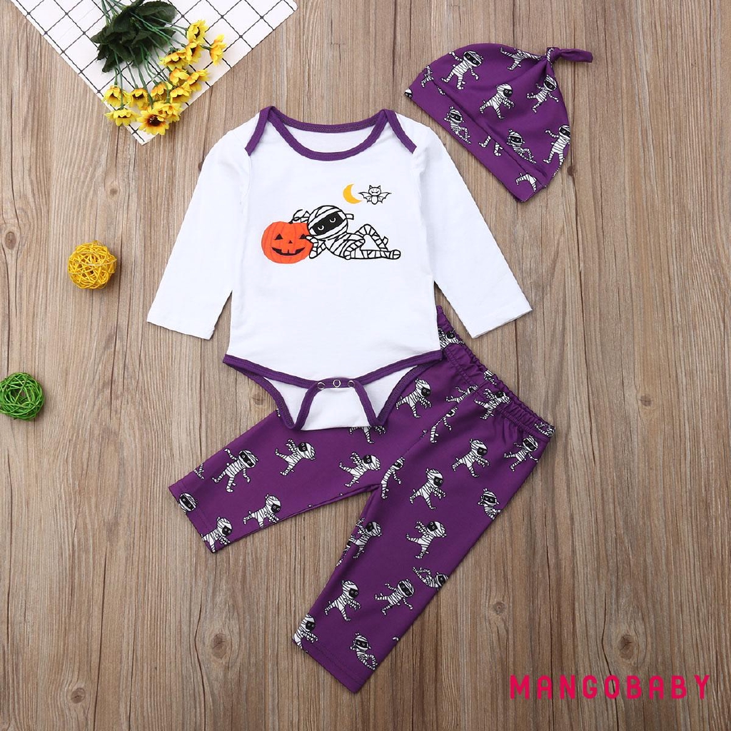Set Áo Tay Dài + Quần Dài + Nón Hình Bí Ngô Halloween Cho Bé Trai