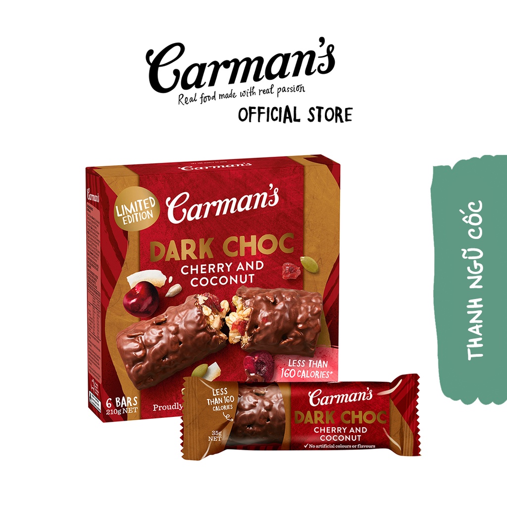 Thanh Ngũ Cốc Dinh Dưỡng Carman's Vị Socola Đen Anh Đào &amp; Dừa - Super Foods Bars Dark Choc Cherry &amp; Coconut Hộp 6×35g