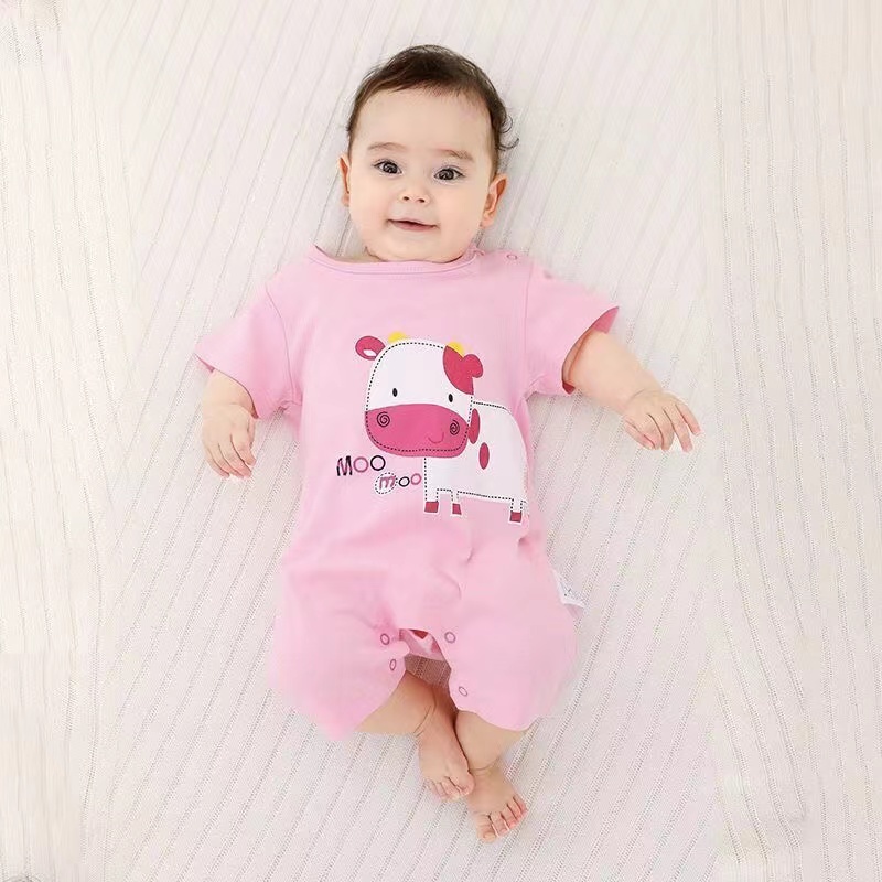 Bộ Áo Liền Quần Vải Cotton Tay Ngắn In Hoạt Hình Dễ Thương Thời Trang Mùa Hè Cho Bé