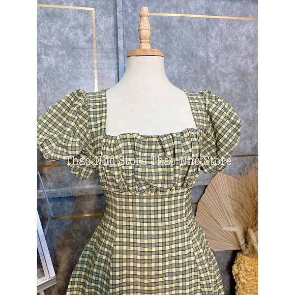 (SẴN) váy cúp ngực tay phồng caro xanh form xoè (hình thật shop Thảo Nhỏ Store chụp phía sau )