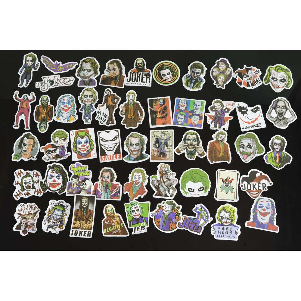 Bộ 50 sticker dán chủ đề joker trang trí laptop, vali, xe máy, xe đạp, ván trượt, đàn, mũ bảo hiểm,skateboard, tủ...