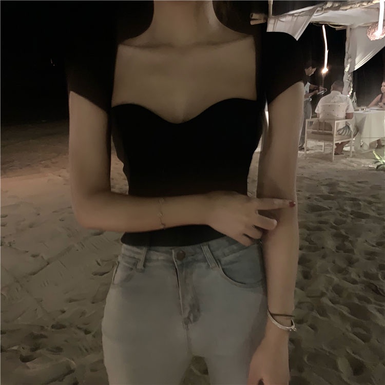 COZOK Áo Dệt Kim Tay Ngắn Trễ Vai Thiết Kế Xẻ Tà Quyến Rũ