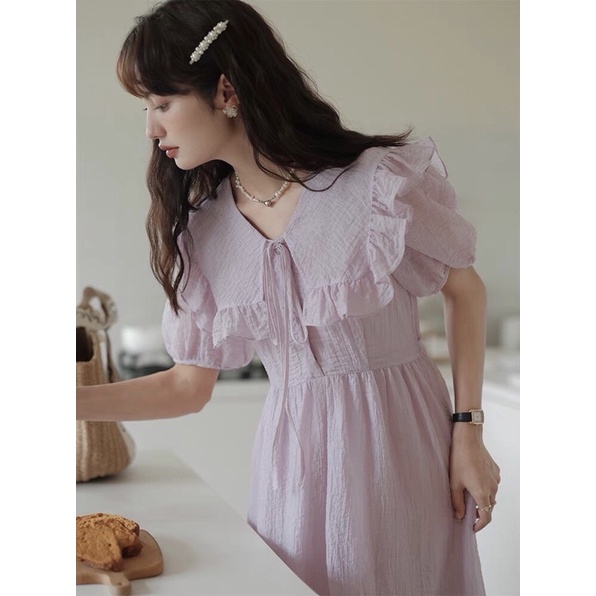 Đầm maxi vải tơ 2 lớp cổ bèo vành to thắt nơ ulzzang, Váy tiểu thư dáng dài cộc tay kiểu nàng thơ siêu đẹp  (TTA136)