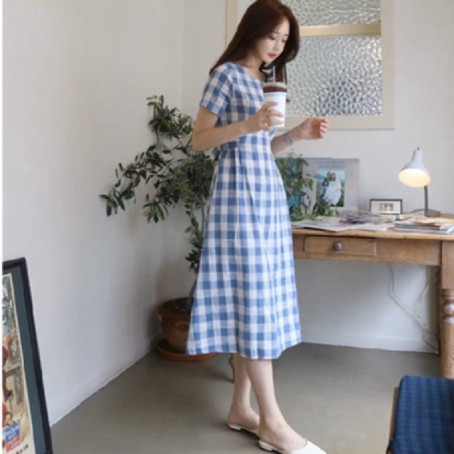 Đầm caro xanh form dài