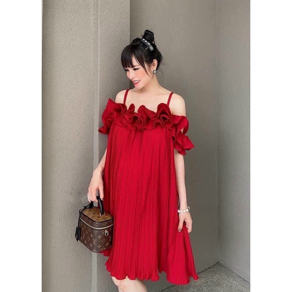 Đầm dập ly hai dây bẹt vai viền bèo chất lụa bầu bí bon chen cực xinh + Ảnh thật | BigBuy360 - bigbuy360.vn