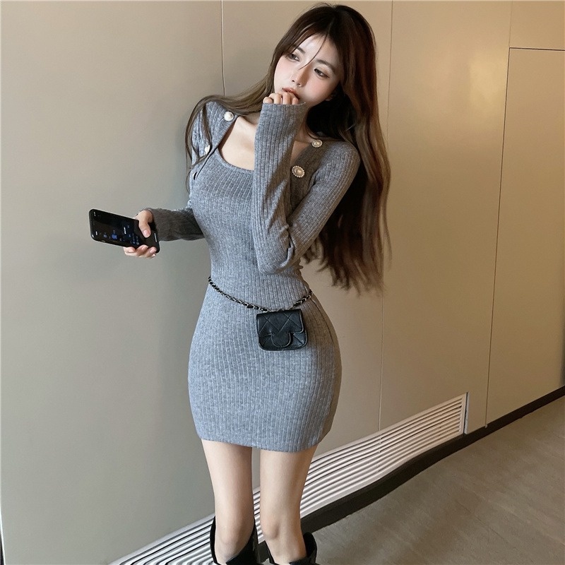 Đầm ZHELIHANGFEI dáng ngắn dệt kim tay dài đính nút vàng kim quyến rũ cho nữ