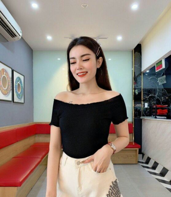 Áo bẹt vai thun gân fom dài