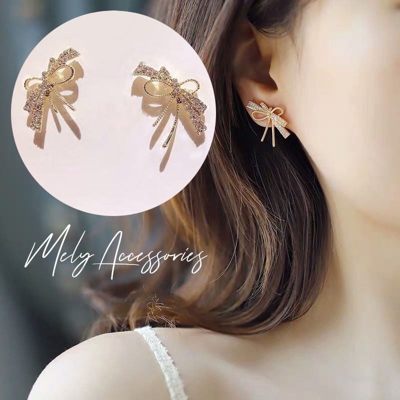 Bông tai nơ mạ vàng đính đá kiểu dáng nữ tính thanh lịch - Mely D2-26