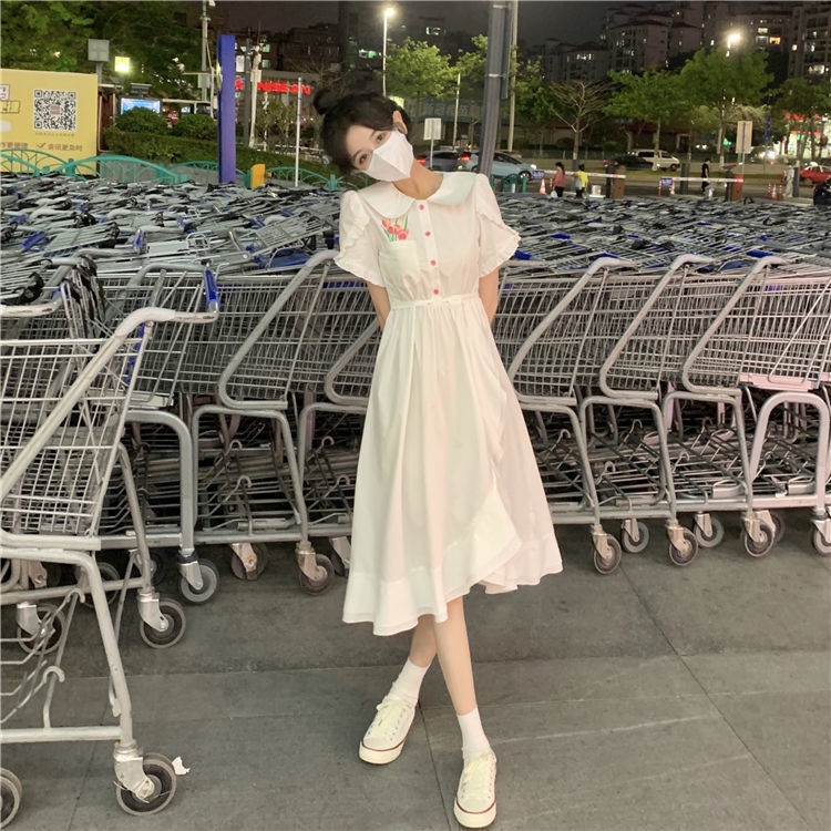 Đầm Cổ Búp Bê In Họa Tiết Thiết Kế Mới Thời Trang Xuân Hè Hàn Quốc