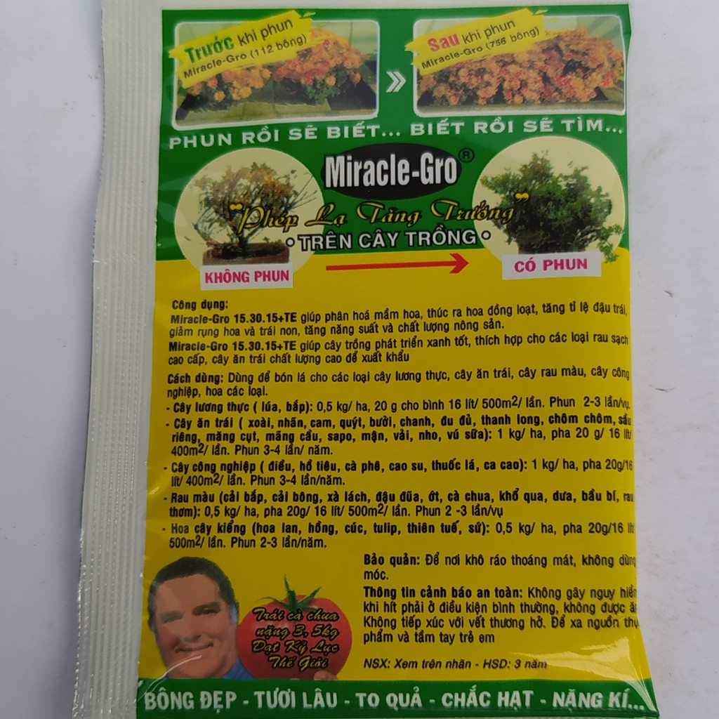 Phân Bón Lá Miracle Gro 15-30-15 (10g),Phân Bón Miracle-Gro dùng cho hoa hồng, hoa lan, rau màu, cây ăn trái