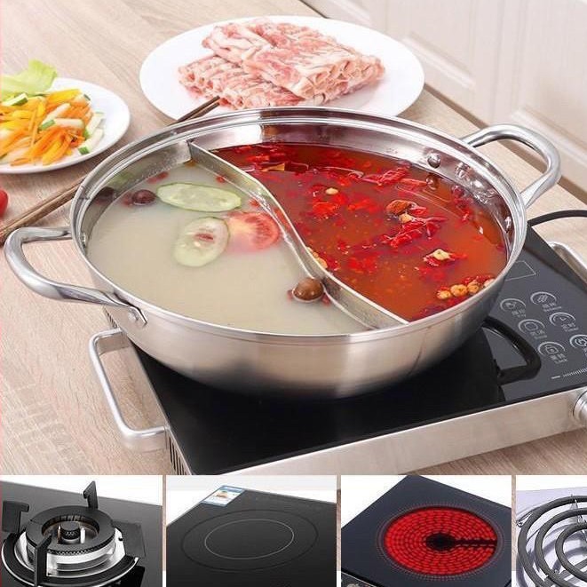 Nồi Lẩu 2 Ngăn, 2 Vị Inox 30Cm Siêu Tiện Dụng Có Lắp Kính, Dùng Được Cho Tất Cả Các Loại Bếp, Bảo Hành 12 Tháng