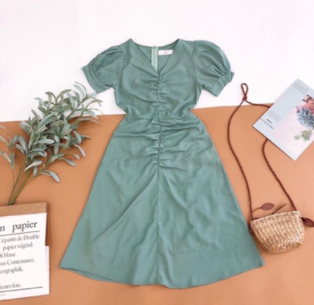 Đầm xoè tiểu thư màu xanh mint nhún eo