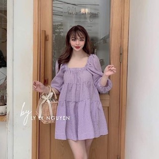 CÓ VIDEO- ĐẦM BABYDOLL TÍM HỌA TIẾT CARO
