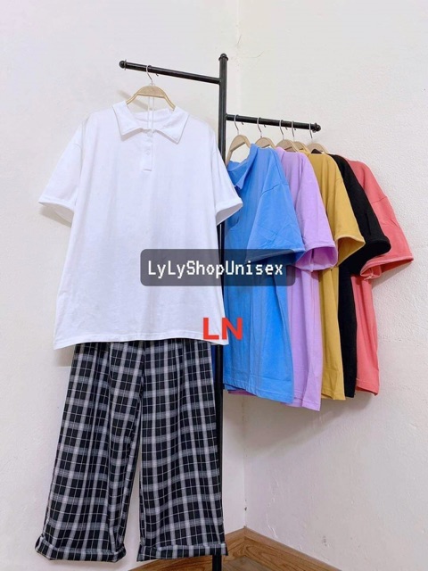 Set áo thun polo cổ bẻ trơn + quần kẻ caro ống suông rộng
