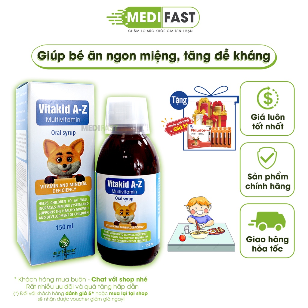 Siro ăn ngon cho bé Vitakid A-Z Multivitamin 150ml Giúp bổ sung các vitamin khoáng chất cho bé - Nhập Khẩu Châu Âu