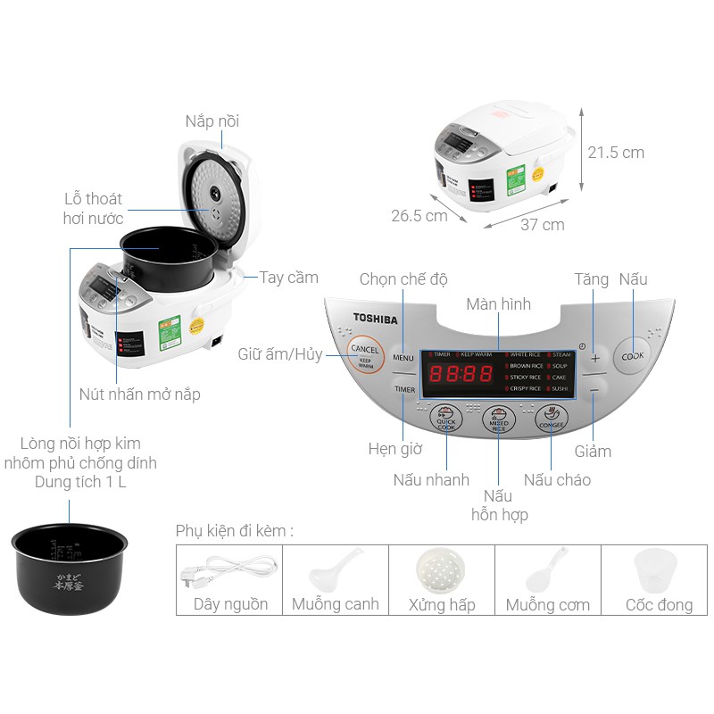 Nồi cơm điện tử Toshiba 1 lít RC-10DH2PV(W) (Miễn phí giao tại HCM-ngoài tỉnh liên hệ shop)