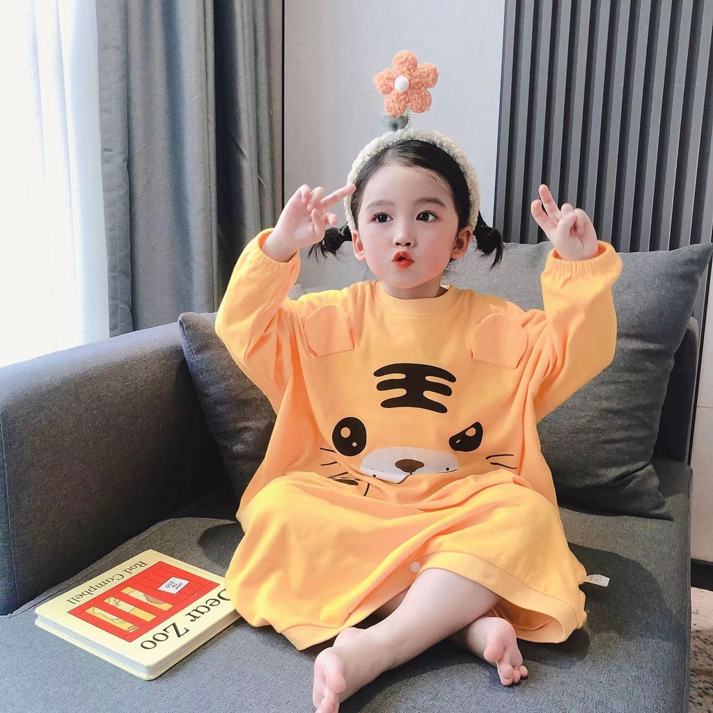 Bộ Đồ Ngủ Liền Thân Tay Dài Che Bụng Chống Đá Thời Trang Xuân Thu Cho Bé Gái