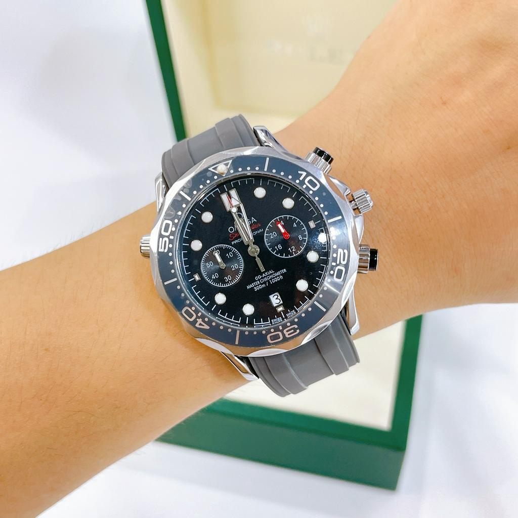 Đồng Hồ Nam O.M.E.G.A Dây Cao Su - Size 45mm, Kim Trôi, Kính Sapphire Chống Trày, Chống Nước Bảo Hành Máy 6 Thán