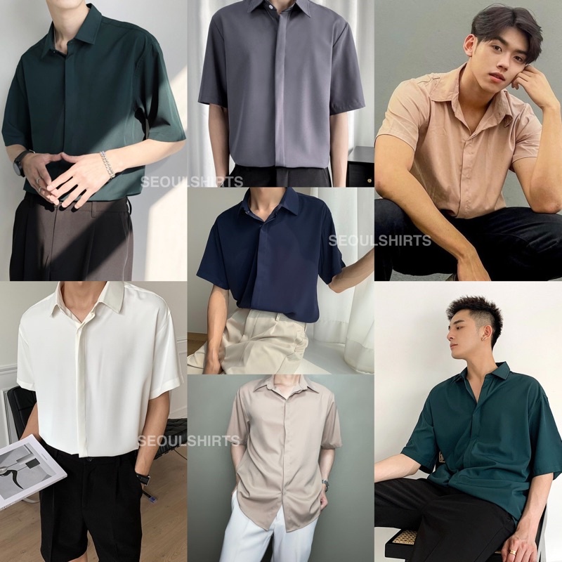 Áo Sơ Mi Tay Lửng Dáng Rộng Vải Lụa Mát Màu Xanh Lá Đậm Phong Cách Retro Hàn Quốc Thời Trang Mùa Hè Cho Nam