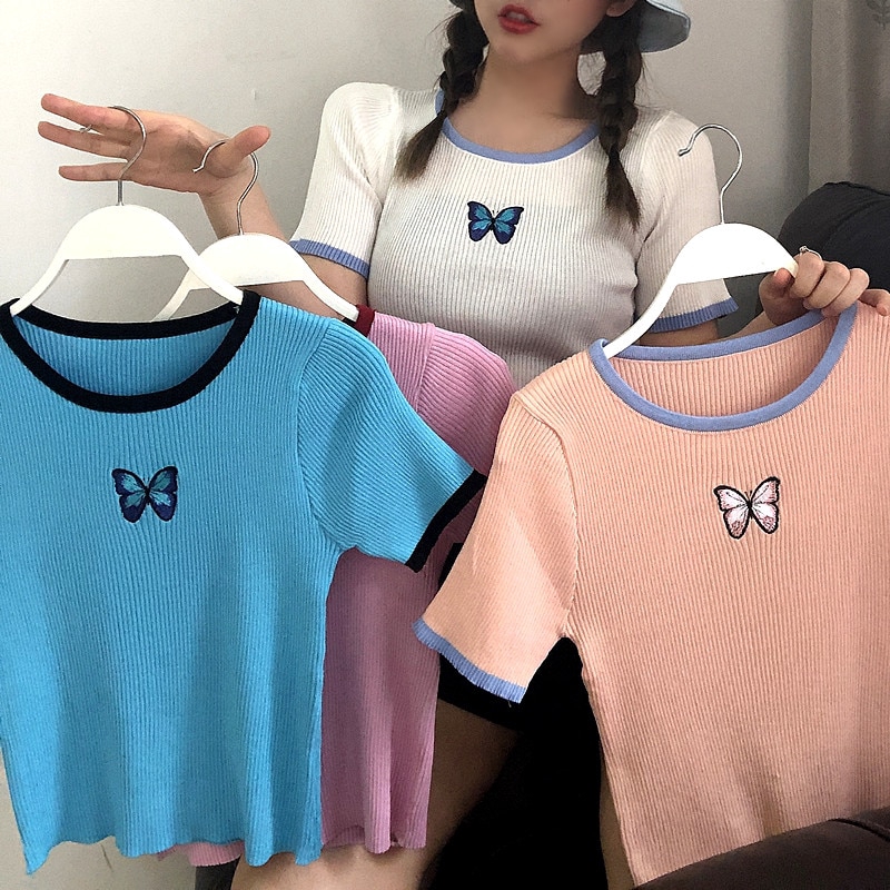 Áo thun dệt kim tay ngắn cổ tròn màu trơn ôm dáng đơn giản thời trang mùa hè dành cho nữ | BigBuy360 - bigbuy360.vn