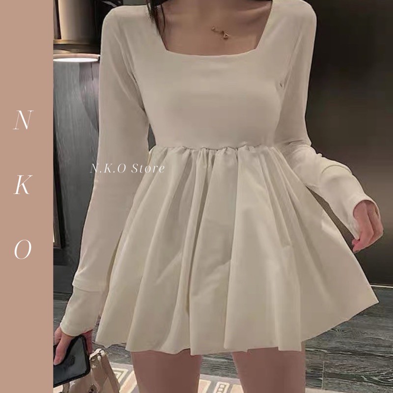 Váy Babydoll Trắng Dài Tay-FREESHIP - Hàng Quảng Châu -đầm đi tiệc
