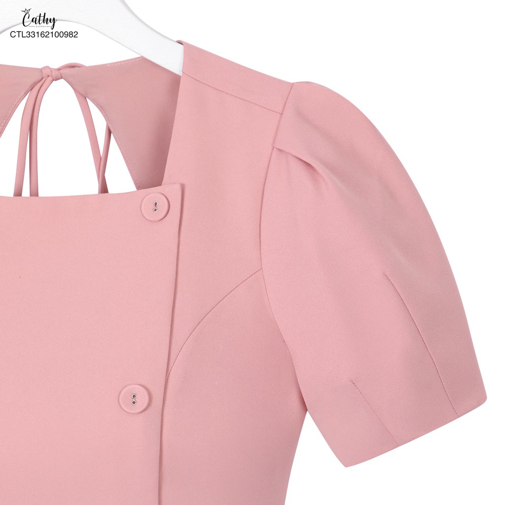 Đầm chữ A công sở Cathy Clans cổ vuông 1 hàng nút hồng | BigBuy360 - bigbuy360.vn