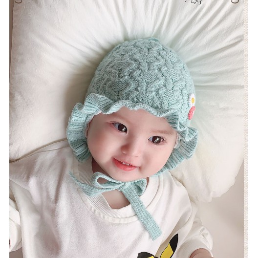 Mũ len bèo buộc dây đính HOA CÚC siêu kute cho bé dưới 12 tháng tuổi MẪU MỚI 2021
