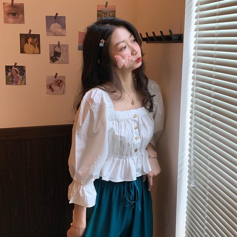 Áo croptop babydoll tay dài trễ vai tay phồng cổ vuông dáng ôm phong cách Pháp thời trang cho nữ