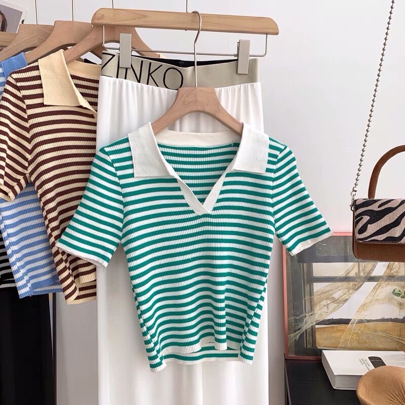 Áo len cộc tay kẻ ngang cổ V trẻ trung