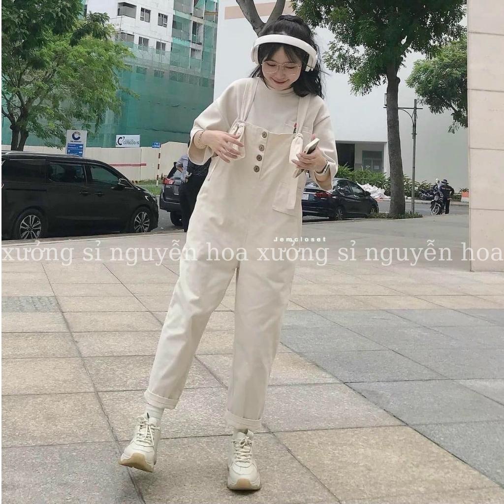 Quần yếm buộc dây 4 cúc hot trend ulzzang kiểu dáng hàn quốc freesize form rộng 2 màu be đen xưởng sỉ nguyễn hoa