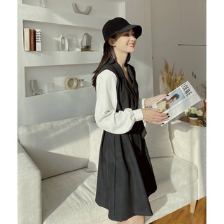 Váy cổ vest tay phối
